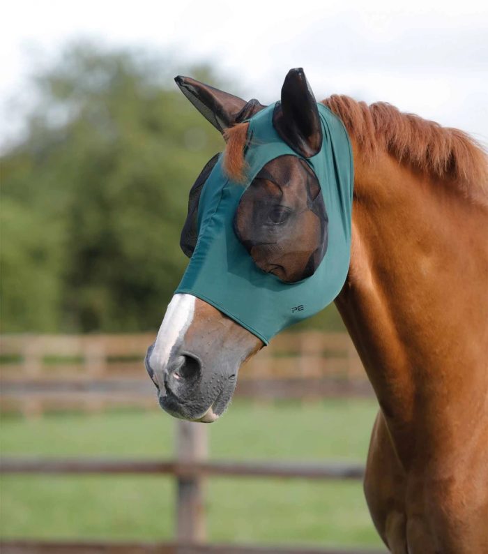 équipement équestre Masque Anti-mouches Cheval Harrison Howard CareMaster Pro - Protection UV, Bleu Dresde Bonnet Anti Mouche Cheval